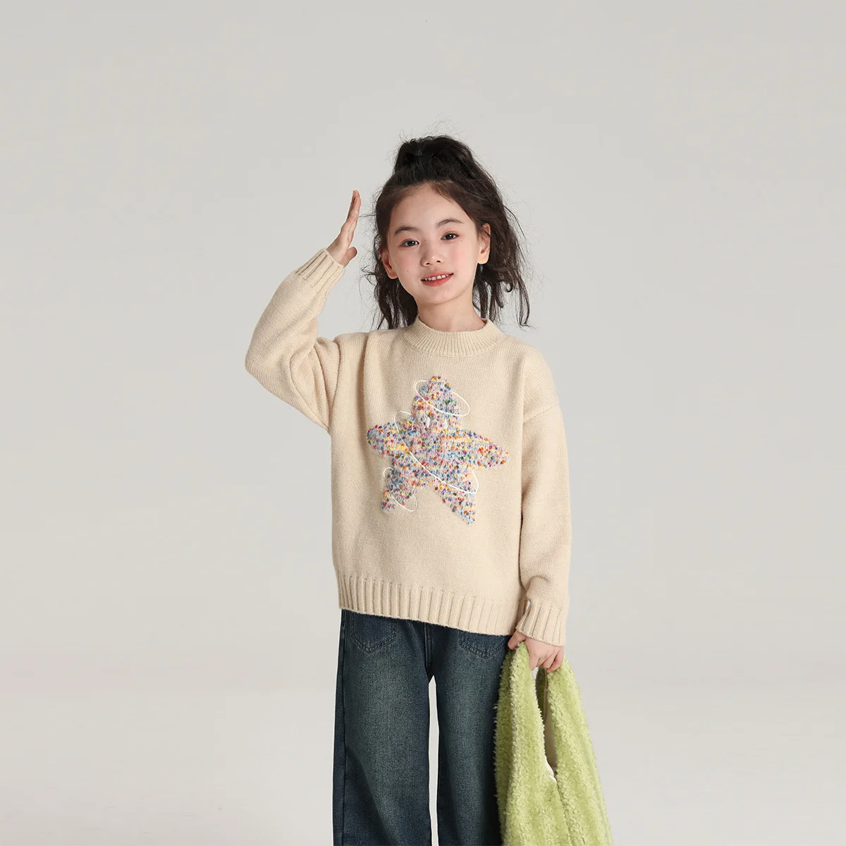 Girls Sweater Foreign Style 2024 Fall Winter New Children Five-pointed Star Crew Neck Sweater Girl Baby Sweater Clothes Top