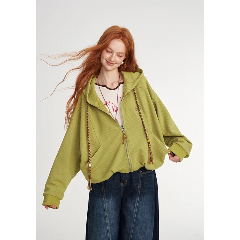 ELFSACK Women's Neo-Chinese Zip-Up Hoodie with Embroidery, Casual Long Sleeve Crop Top for Daily Wear