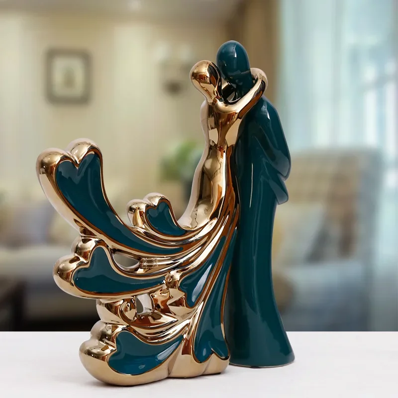 Home Decoration Ceramic Statue Creative Desktop Ornament Couple Wedding Gift Nordic Morandi Green Living Room Office Decor