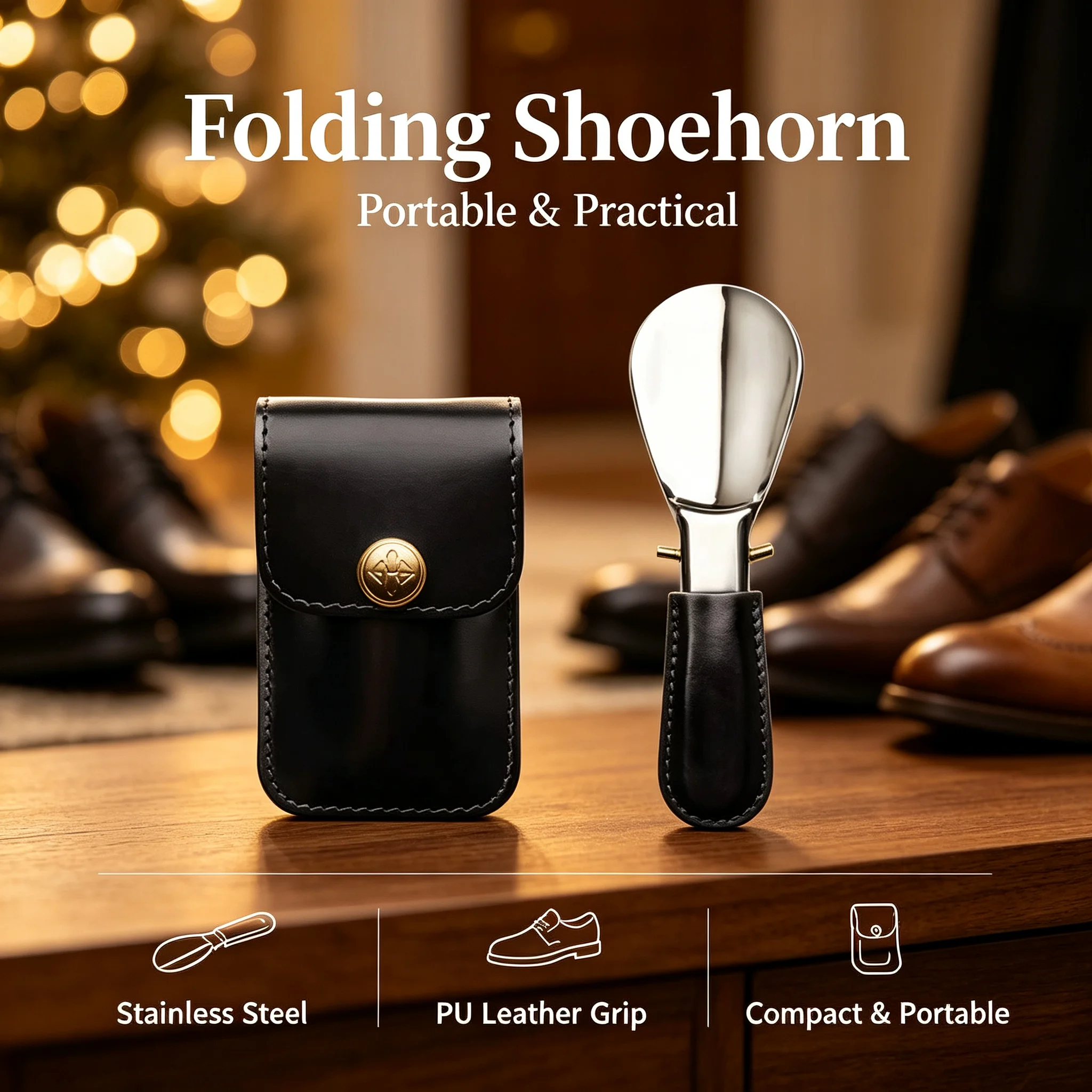Leather Bag Elderly Person Folding Shoehorn Mini PU Handle Stainless Steel Shoe Horn Wearing Aid Solid Color