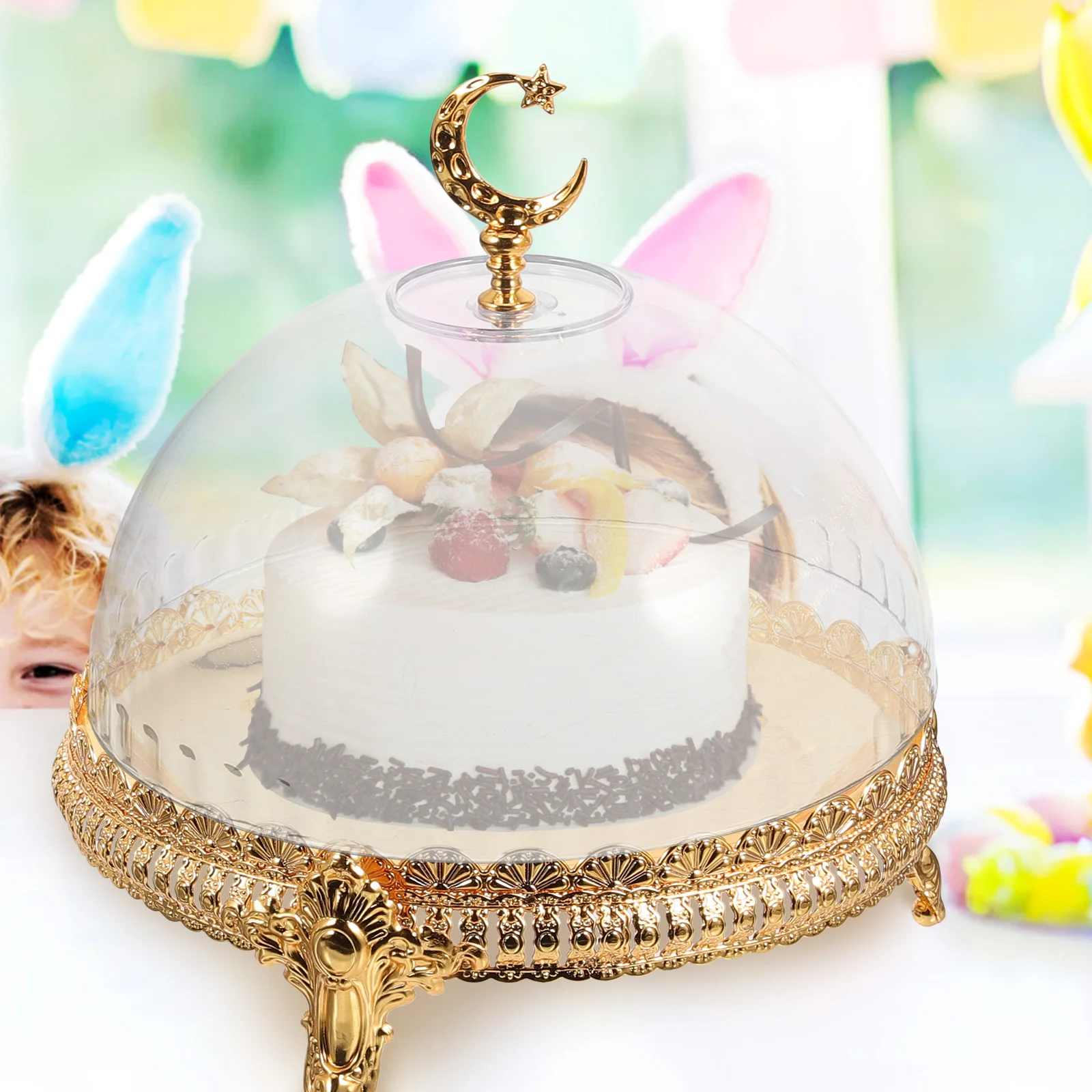 

Iron Cake Tray with Lid 8 Inch High Foot Pastry Stand Dessert Serving Plate Cover Food Snack Protection Banquet Display Home