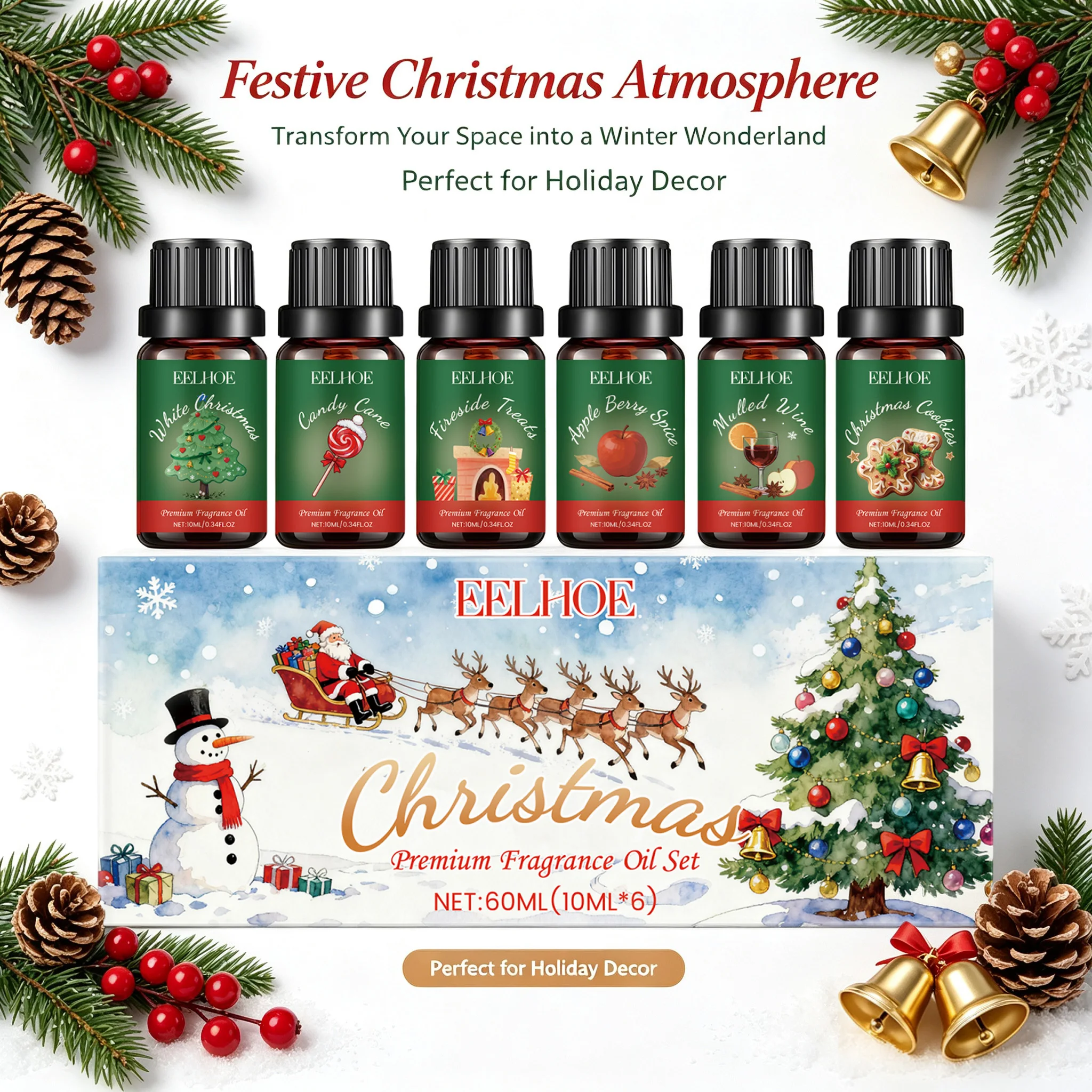 Christmas Essential Oils Set 6 Premium Holiday Fragrance Oil for Diffuser Long Lasting Fragrance Relaxing Atmosphere Festive Dec