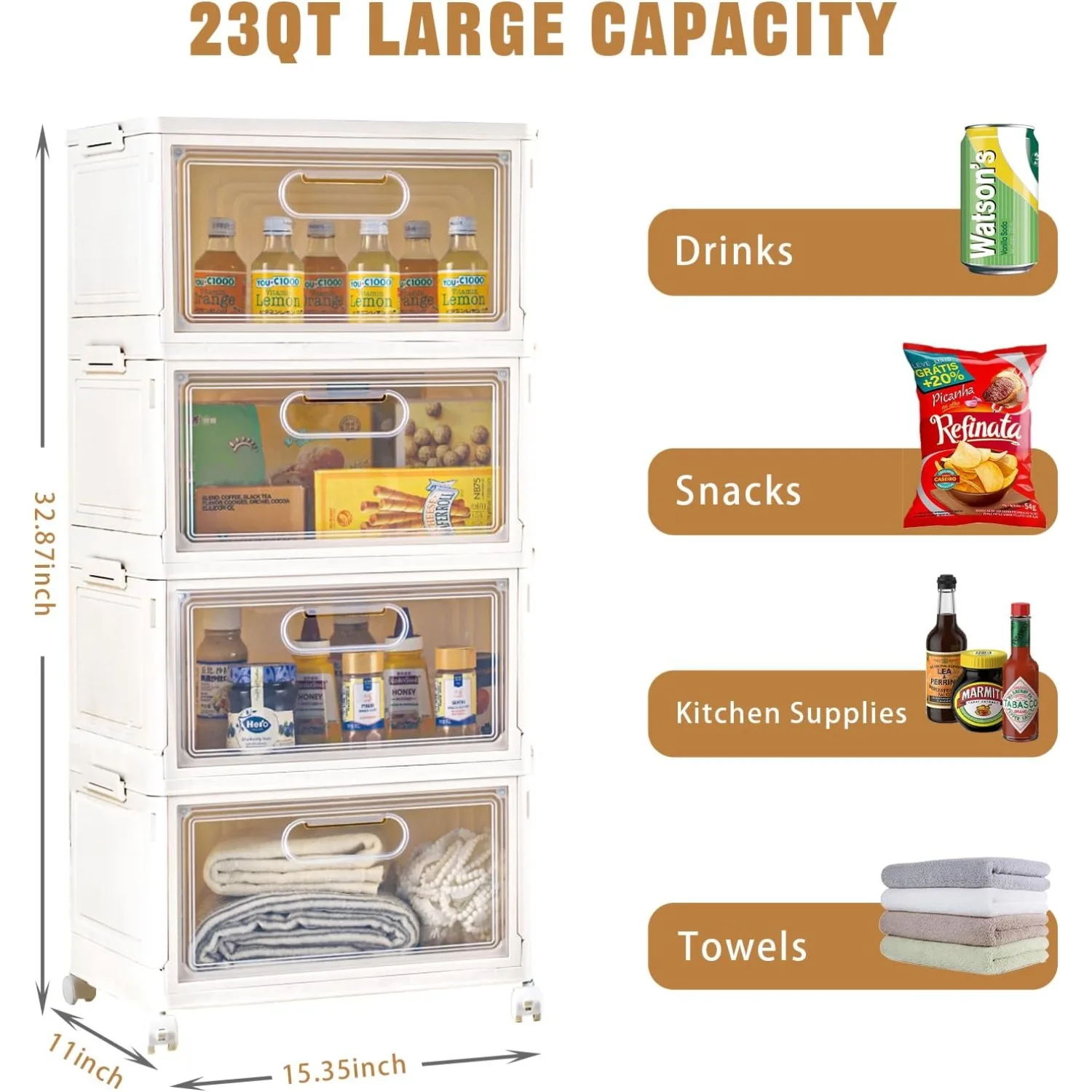 4 Tier Stackable Storage Bins, 23QT Storage Containers, Clear Plastic Storage Bins with Magnetic Doors, Collapsible storage box