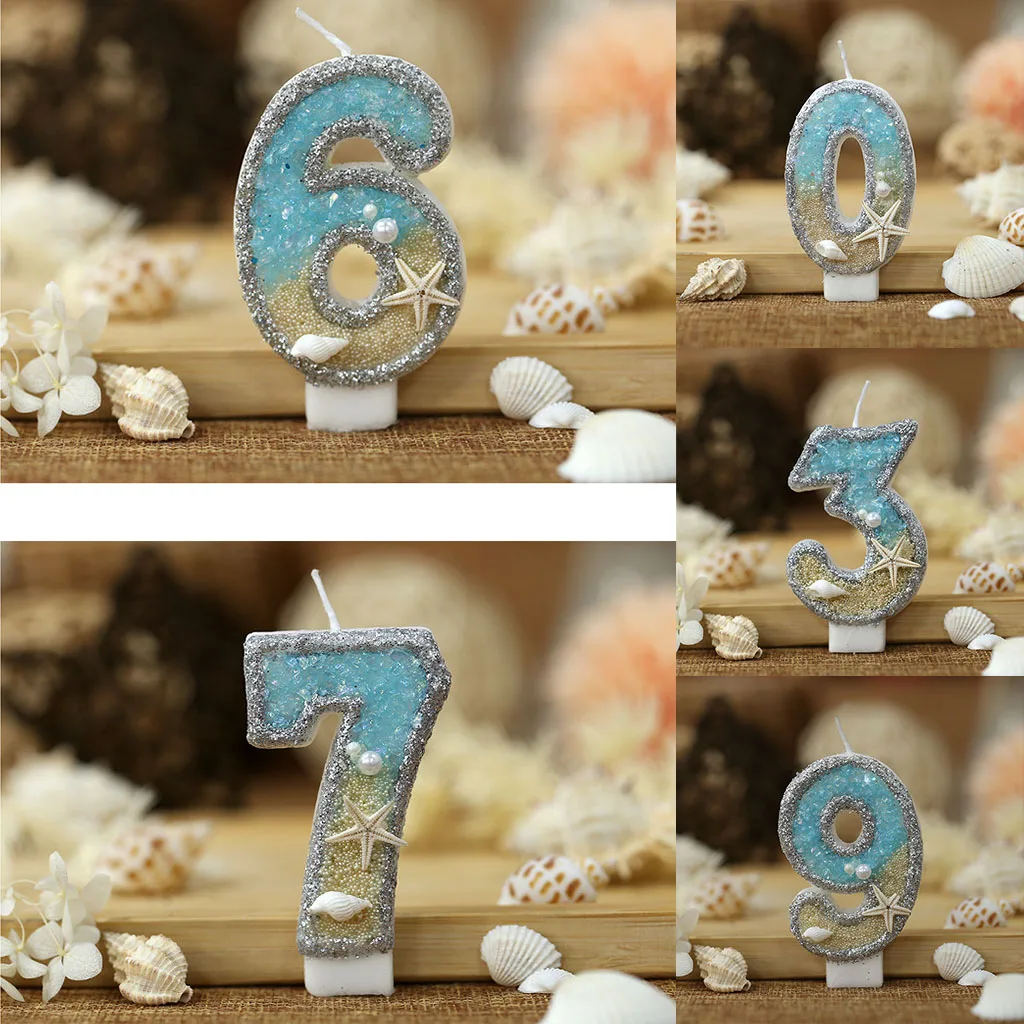 

0-9 Digital Glitter Candles Summer Beach Starfish Birthday Cake Decoration Candles Ocean Themed Party Cake Decoration