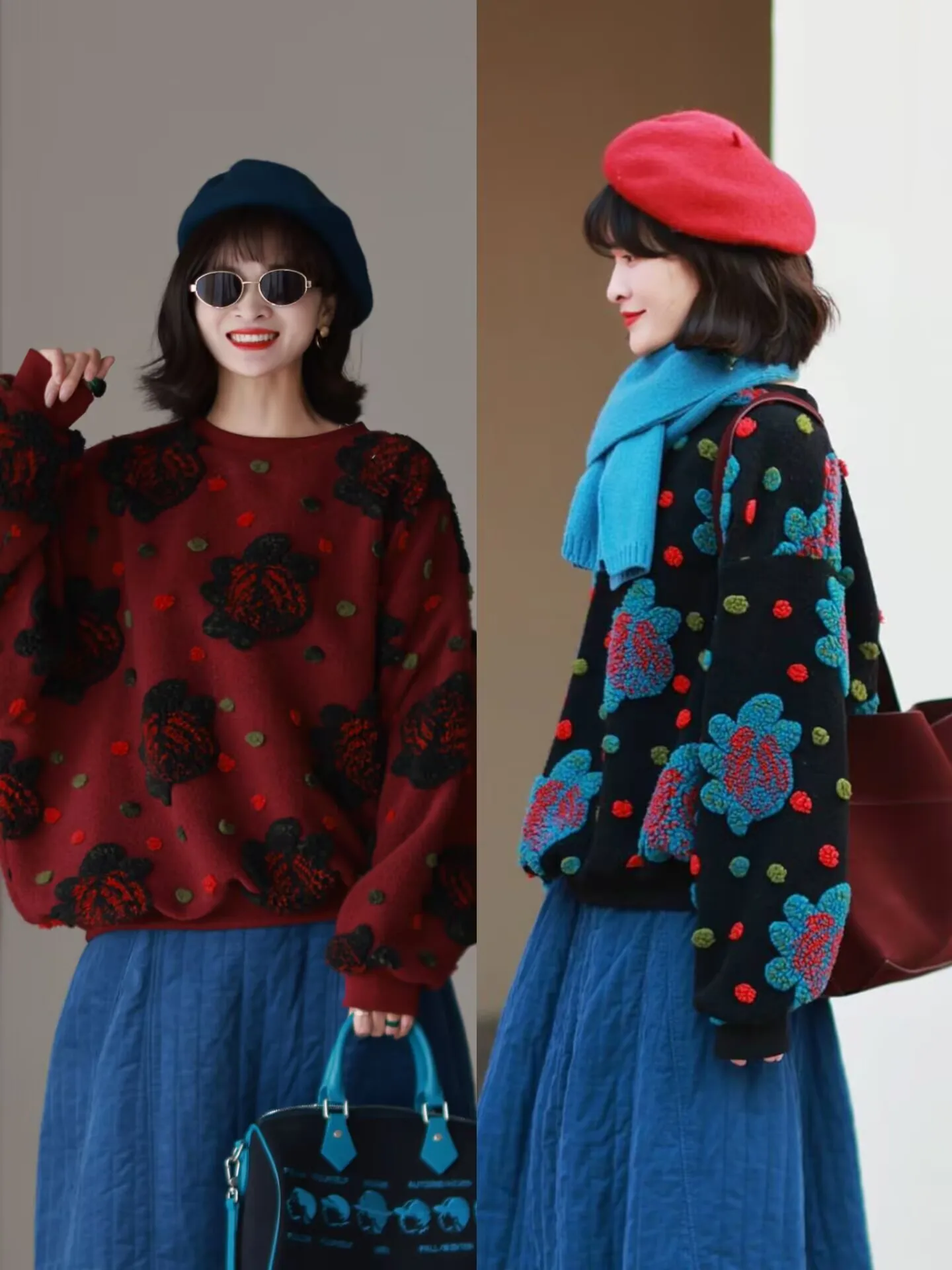 

Meadow Original Women's Winter New Vintage 3D Velvet Hook Flower Soft Pure Cotton Heavy round Ne Sweatirt Loose Fit Embro...