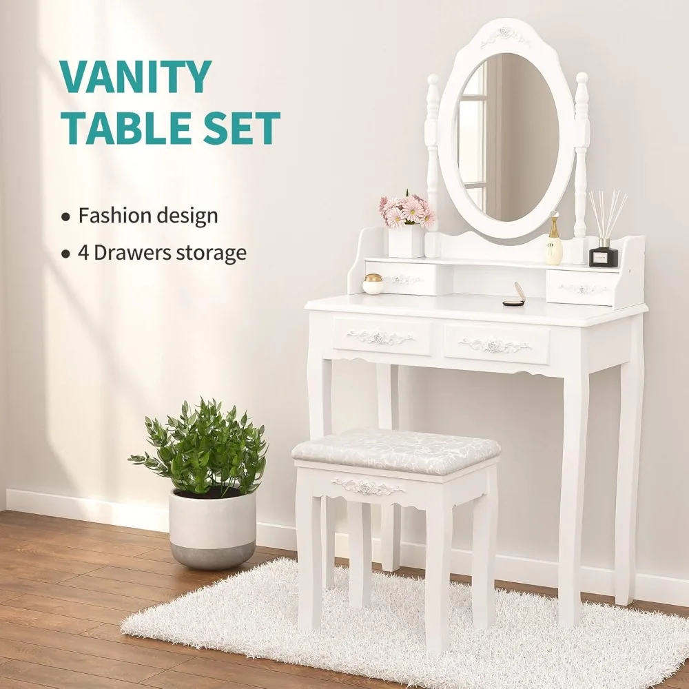 Vanity Table Set ,Makeup Table with Oval Mirror & Stool, Bedroom Wood Dressing Table with 4 Drawers White