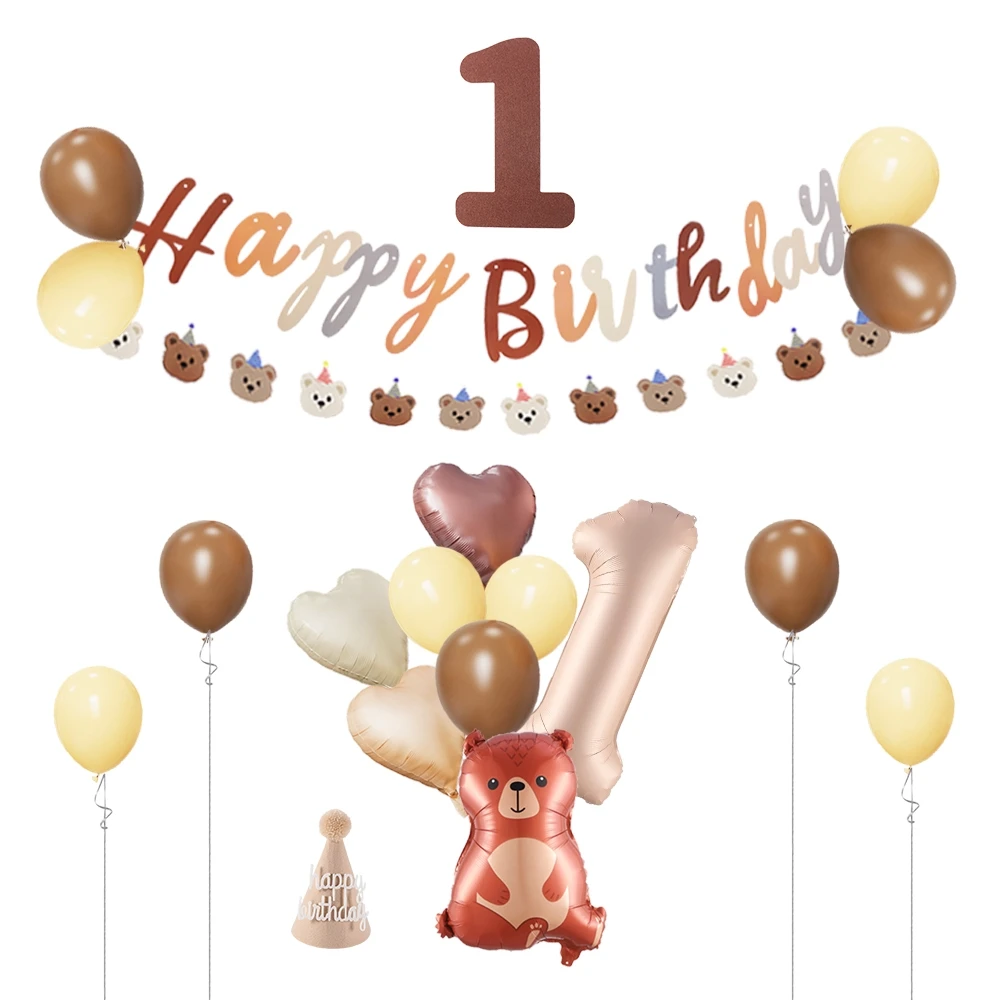 22/41pcs Bear Birthday Hat Cute Banner 0-9 Number Baby Shower Decorations Happy Birthday Balloons DIY Birthday Party Suppli