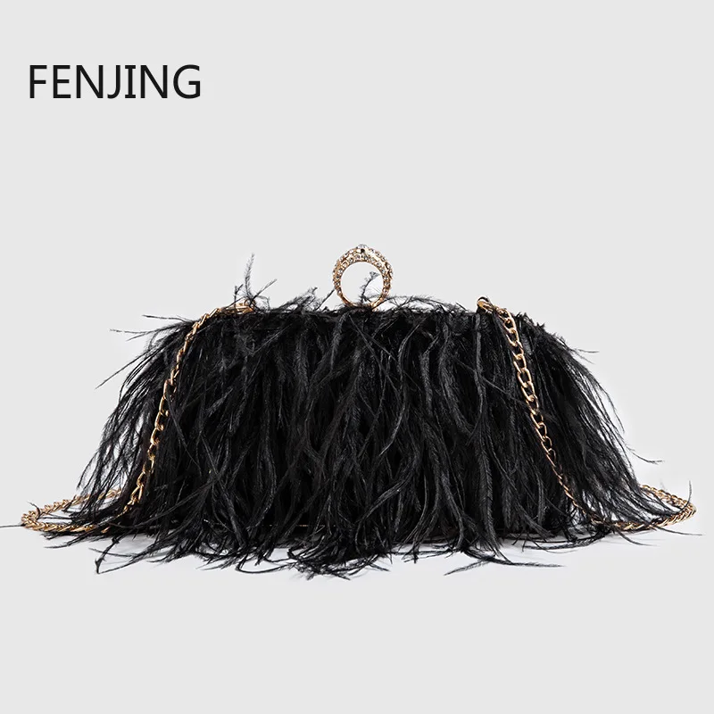 

Fashion Ostrich Fuax Fur Feather Wallet Clutch Bag Ladies Diamond Knuckle Rings Dinner Party Wedding Purse Luxury Shoulder Bags