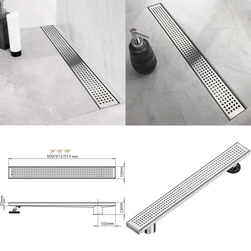 36-Inch Side Outlet Shower Drain with Square Grate, Brushed Stainless Steel, Leveling Foot, Hair Catcher
