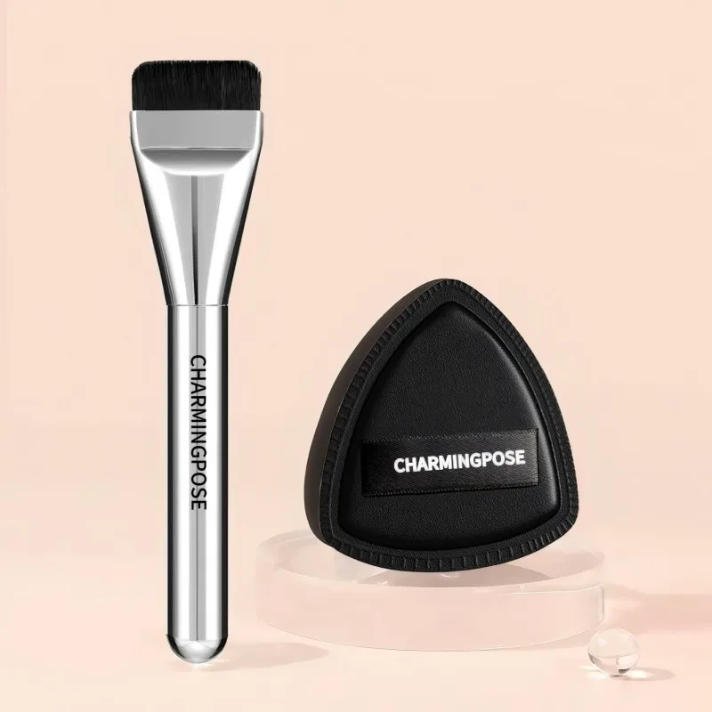 

Professional Foundation Brush & Makeup Sponge Set - Flat Top Kabuki Brush for Streak-Free Application + Black Triangle Blending