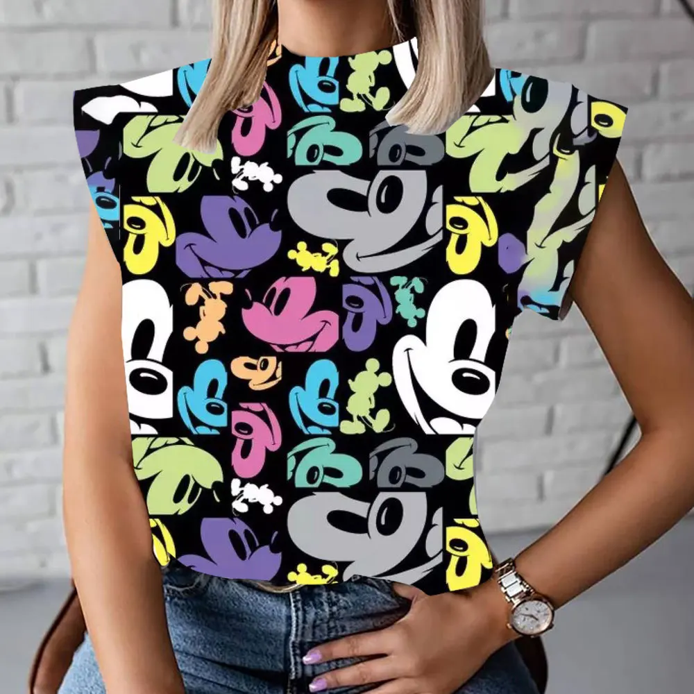 Summer Fashion New Casual Versatile Cute Mickey Minnie Cartoon Pattern 3D Women\'s Harajuku Street High Neck T-Shirt Vest