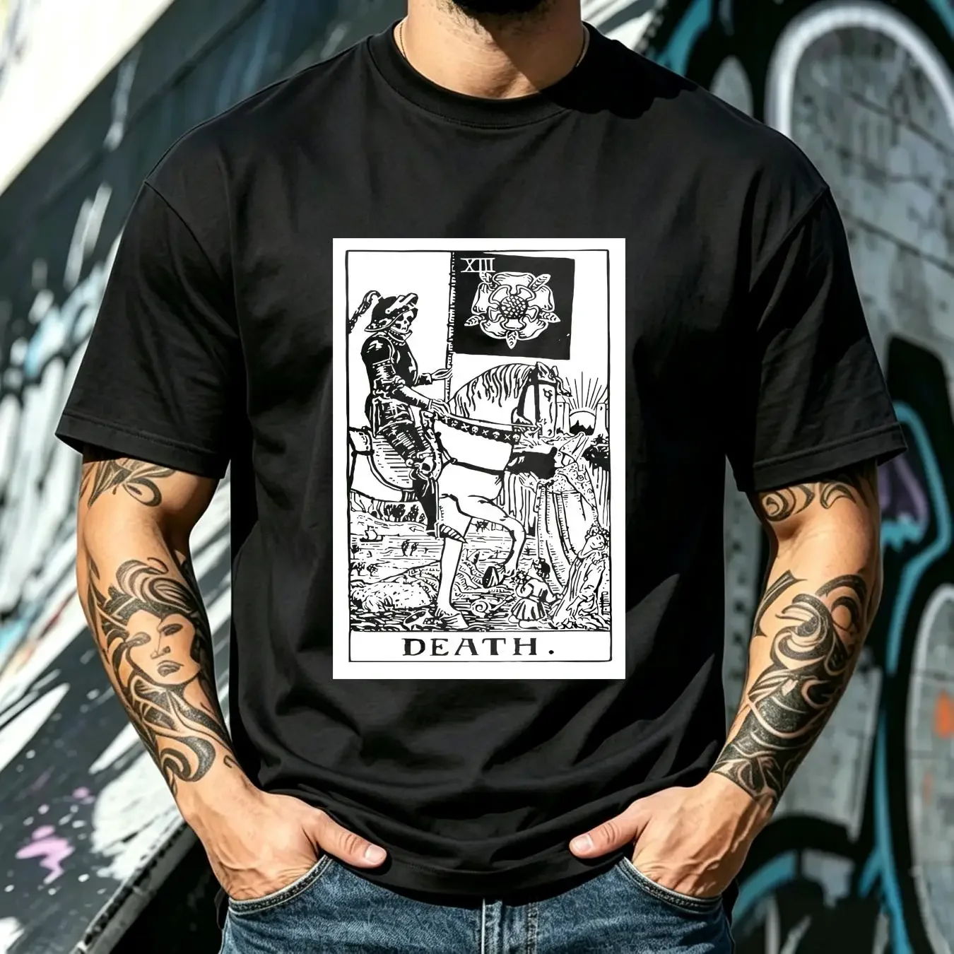 washed T Shirt Death Tarot Card Memento Mori Gothic Occult Satanic Goth Skull Skeleton long or short sleeves vintage Washed