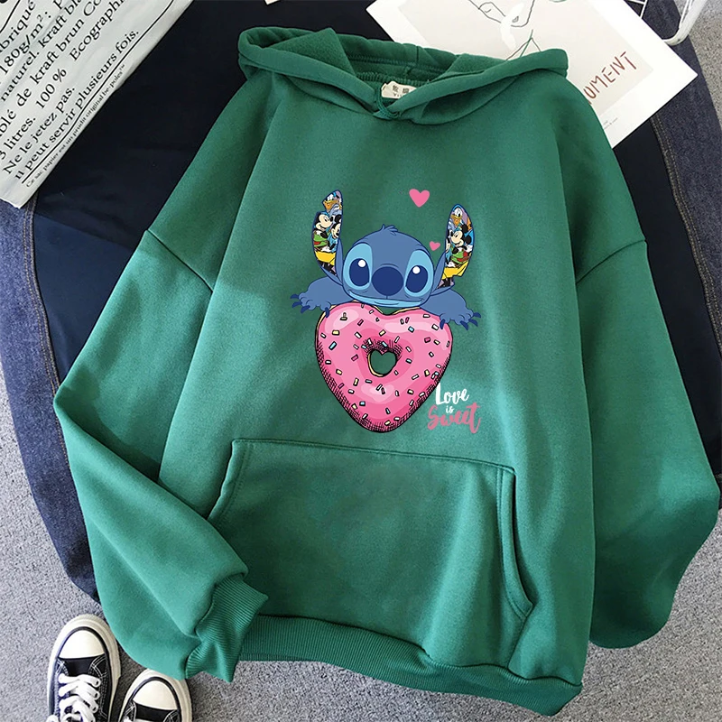 Streetwear Cartoon Winter Disney Stitch Hoodies Women Harajuku Cute Anime Sweatshirt Manga Streetwear Hoody Female Unisex