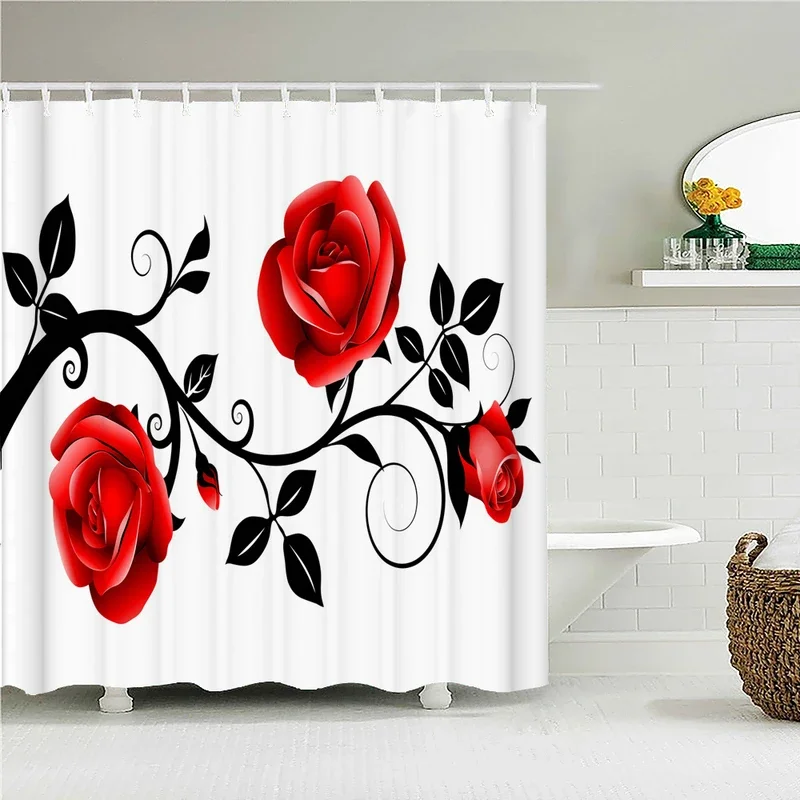 Red Rose Patterns Shower Curtain Bathroom Waterproof Polyester Flowers kiss Love 3D Printing Curtains for Bathroom Shower