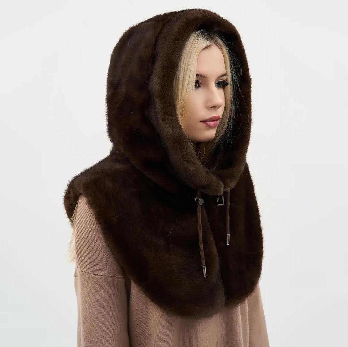 RU Faux Fur Hooded Scarf Warm Plush Neck Wrap With Zipper Drawstring Soft Windproof Integrated Head Neck Accessory