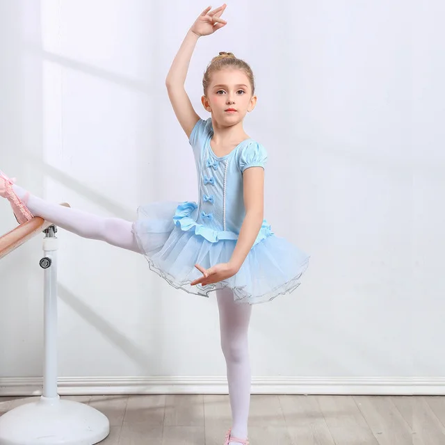 Vestido de tutú de baile de Ballet para niñas, leotardo de gimnasia con lazo de tul de manga corta/larga, ropa de fiesta de cumpleaños