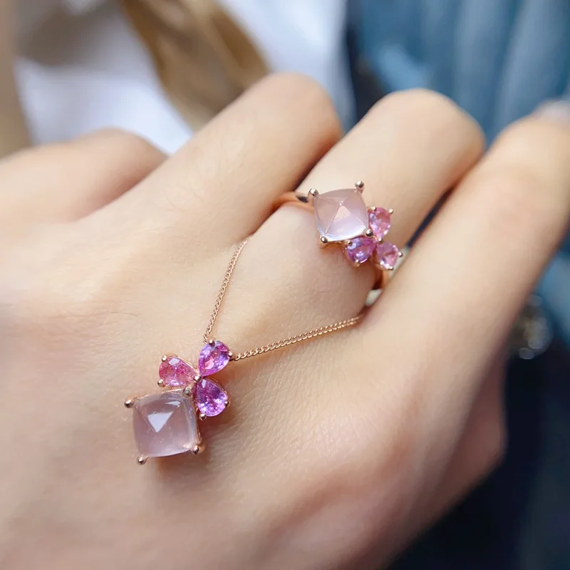 S925 Silver Rose Gold Plated Natural Rose Quartz & Pink Sapphire Jewelry Set,Necklace & Ring Gift for Women