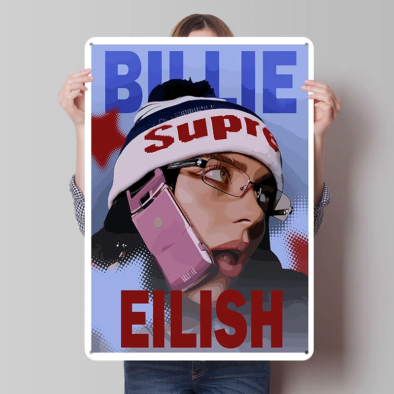 Portrait de Billie Eilish con sombrero supremo, póster impreso, arte de pared Retro Vintage, carteles de hojalata de Metal para decoración de escritorio, habitación del hogar, varita Deko