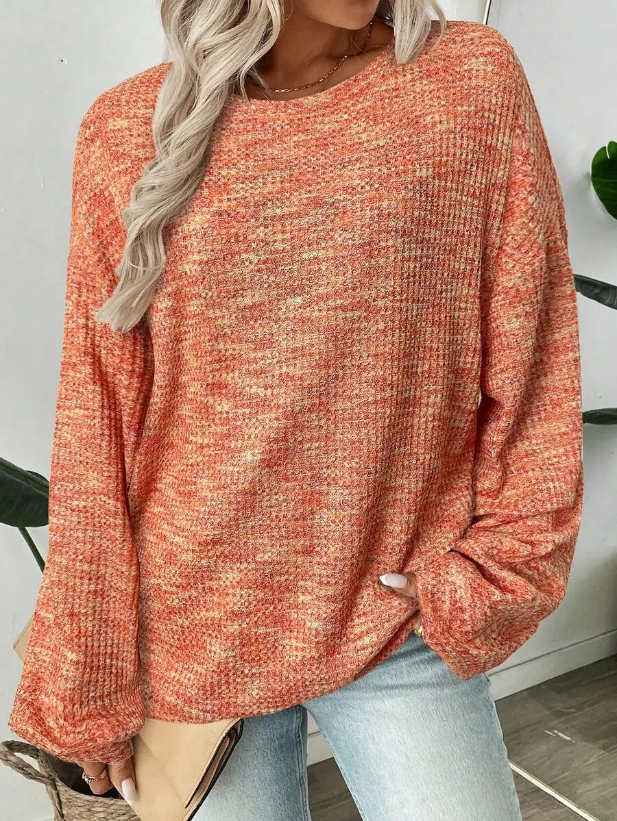 เสื้อสเวตเชิ้ตผ้าถักลายวาฟเฟิลสีส้มสำหรับผู้หญิง LUNE ทรงหลวม สไตล์ลำลองสำหรับฤดูใบไม้ร่วง