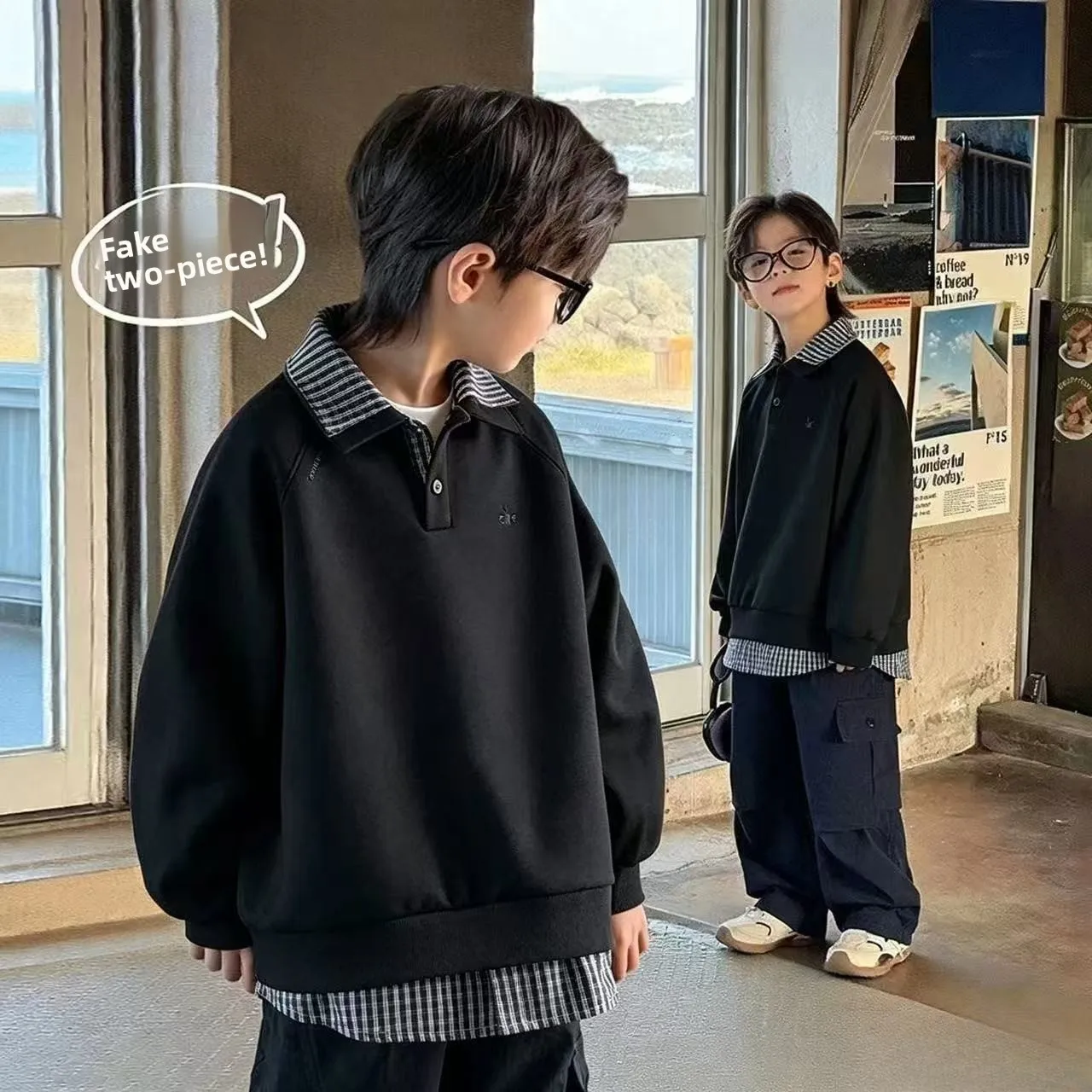2-14Y Kid's Fake Two-piece Sweatshirts  Autumn Plaid Turn-down Collar Hoodies for Boys  Kid's Loose Casual Top Clothes H132-40