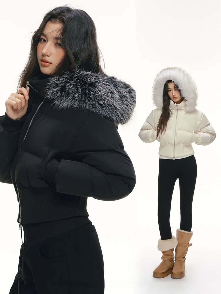 

Attia Glowy Detachable Hooded Fur Collar White Du down ort Waist Slimming down Jaet Women Winter Casual Sle Thiened