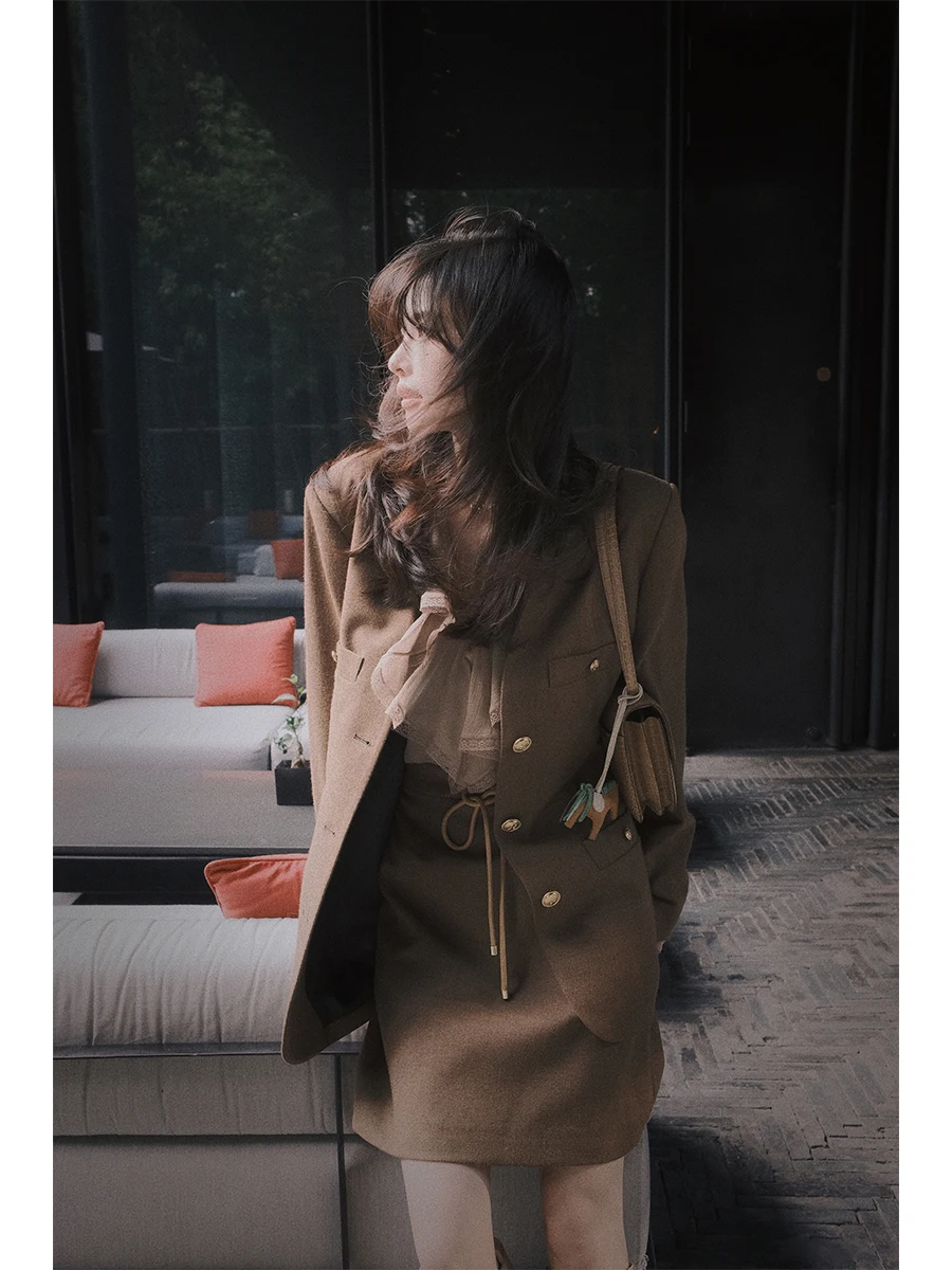 

Classic Preppy Sle 00% Australian Wool Felted Suit Set with awl Collar And Skirt Ele Ladylike Commute Faion