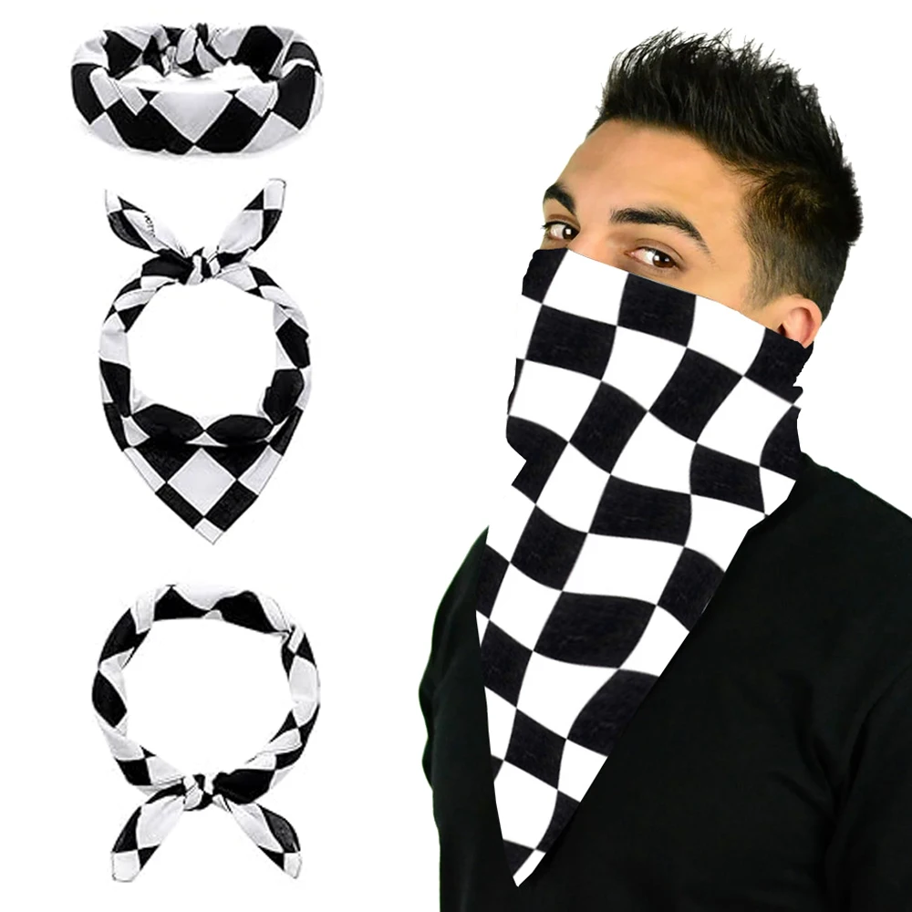 Checkerboard Flag Bandanas Cotton Black White Checkered Face Mask Bandana for Women Men Racing Party Scarf Handkerchief Headband