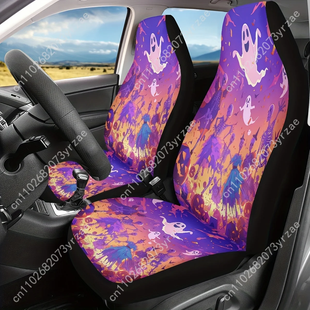 

Purple Skull Pumpkin Car Seat Covers Universal Environmentally Friendly Interior Decorations Comfortable Breathable Seat Covers