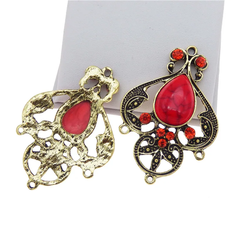 4PCS Vintage Bronze Alloy Connector With Red Rhinestone Pendant Necklace Bracelet Headwear Handmade Jewelry Making Accessory