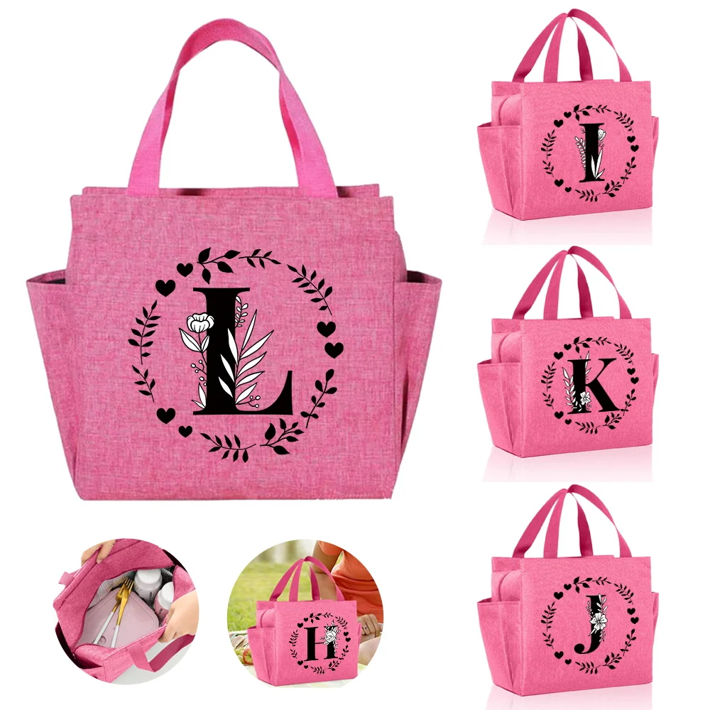 Lunch Bag Aesthetic Thermal Bag Pink Color Pocket Cute Sweet Garland Letter Series Printing Tote Food Storage Bag Convenient Kid