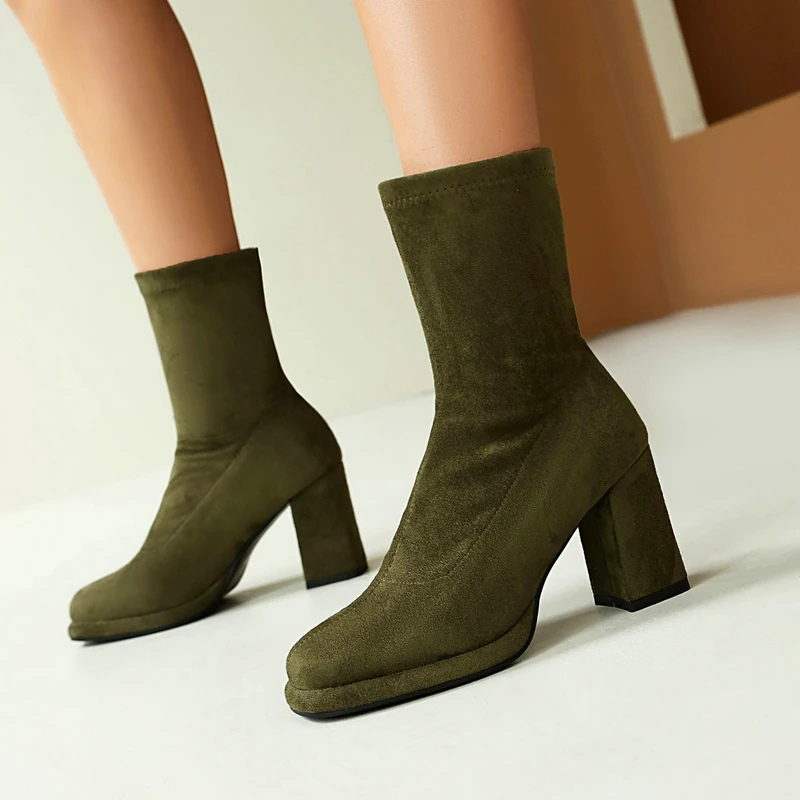 Plus Size 46 47 48 Nude Olive Black Stretch Socks Boots for Women Platform Chunky High Heels Sexy Mature Lady Ankle Boot Shoes