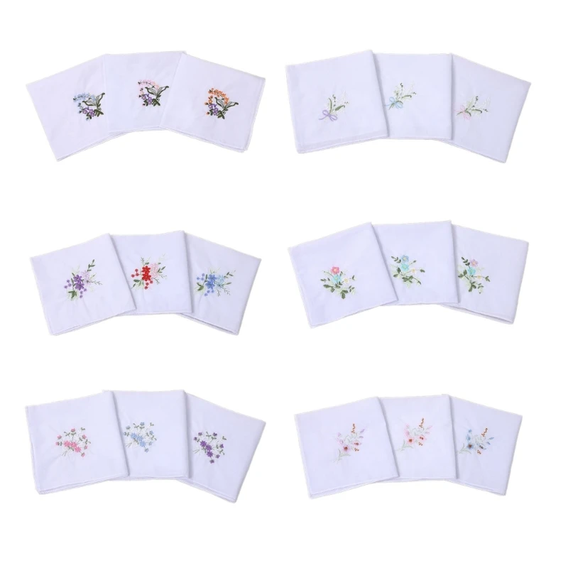 

New Pack of 3 28x28cm Embroidery Flower Handkerchief for Woman Gentleman Practical Handkerchief Random Type Handkerchief