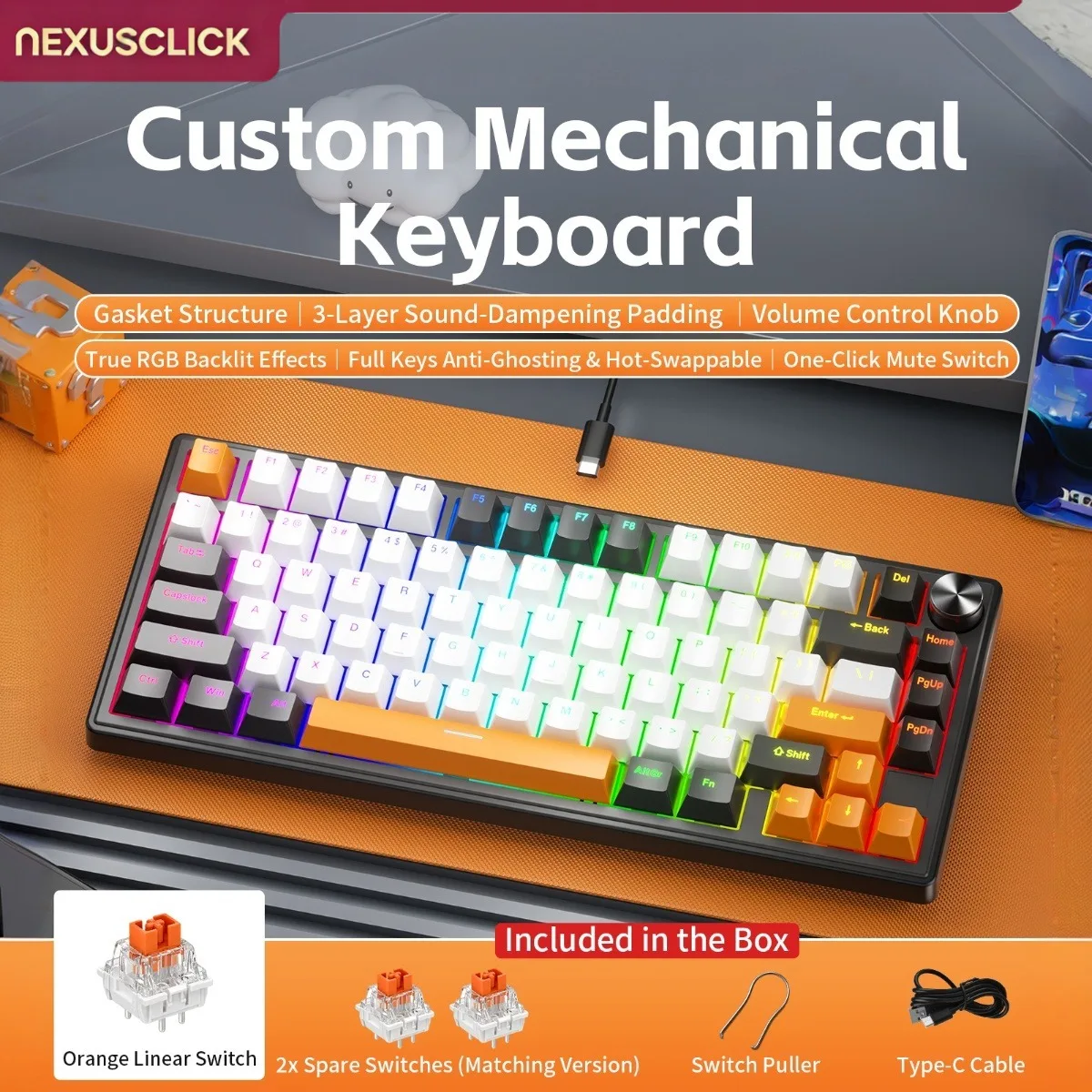 NEXUSCLICK K80 80% Compact Wired Mechanical Gaming Keyboard, Full Keys Hot-Swap Multiple Colorways RGB Backlight Volume Knob