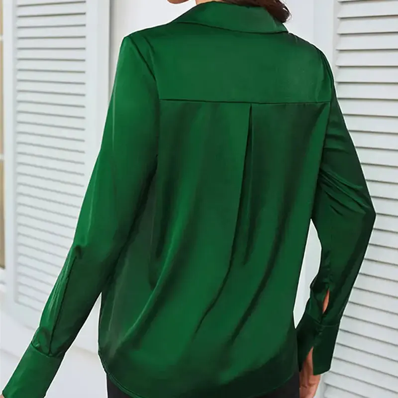 New Green Ladies Satin Shirt Cross V-neck Top Women\'s Shirt Sleeves Open Button Shirt Sleeves Elegant 2024 Autumn Women\'s Blouse