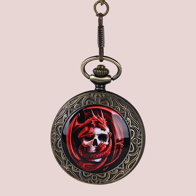 

2019 New Punk Fashion Red Pirate Skull Pocket Watch Bronze Stainless Steel Case Quartz Clock Vintage Men's Pocket Watch