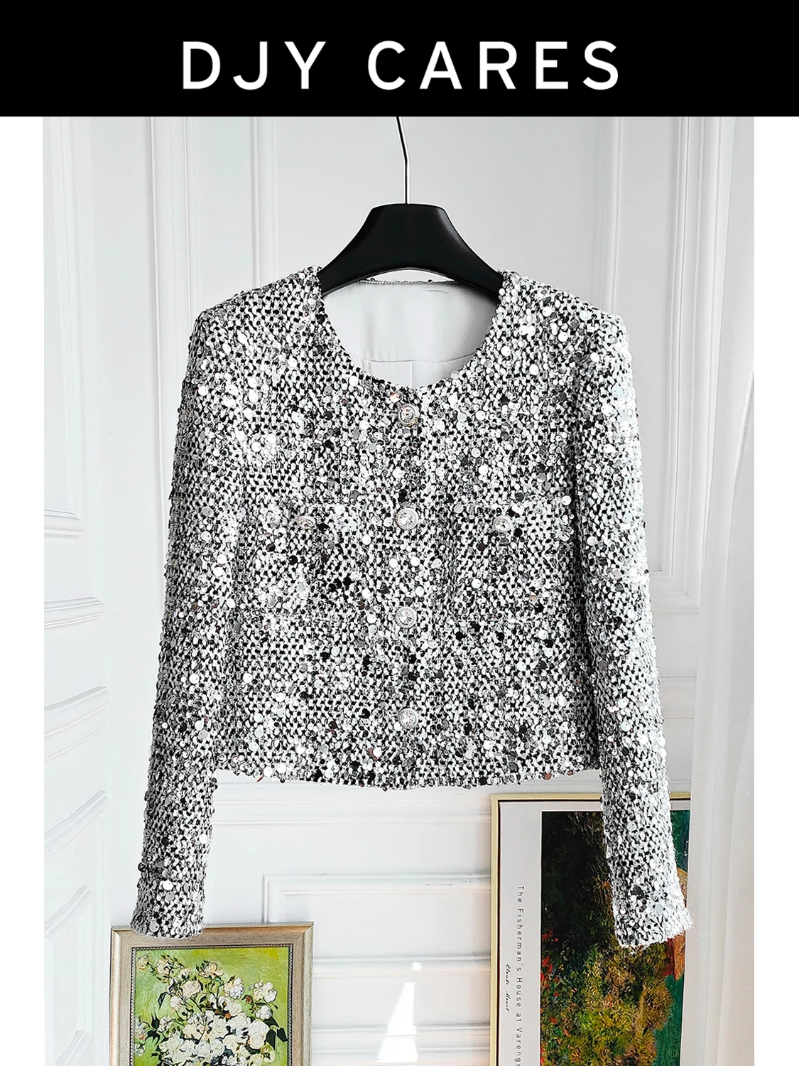 New Coarse woolen heavy industry sequin round neck jacket top big size