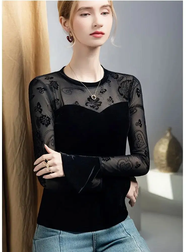 Black Velvet Layering Top for Women 2025 Fall Winter New Elegant Long Sleeve T-Shirt with Patched Flocked Flowers Mesh
