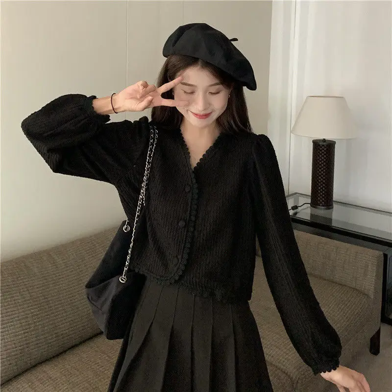 Korean Irregular Short Blouse Spring Autumn New Long Sleeve Solid Color V Neck Fashion Shirt Tops Elegant Sweet Women Clothing