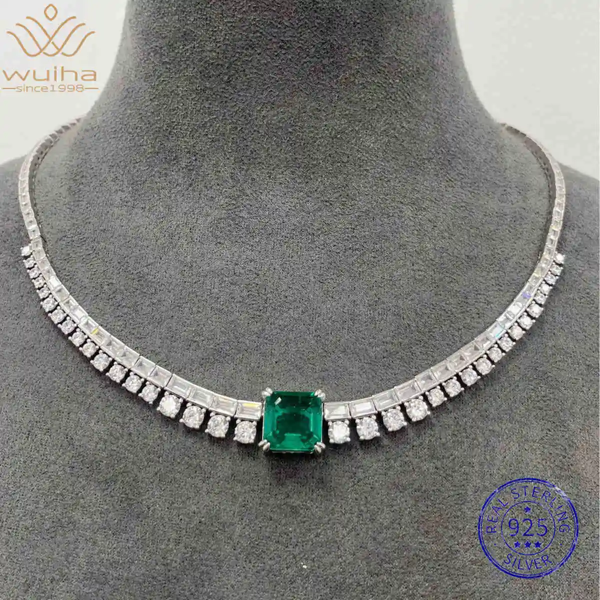 

WUIHA Asscher Cut Emerald Sapphire High Carbon Diamonds Gemstone Necklaces Anniversary Cocktail 925 Sterling Silver Fine Jewelry