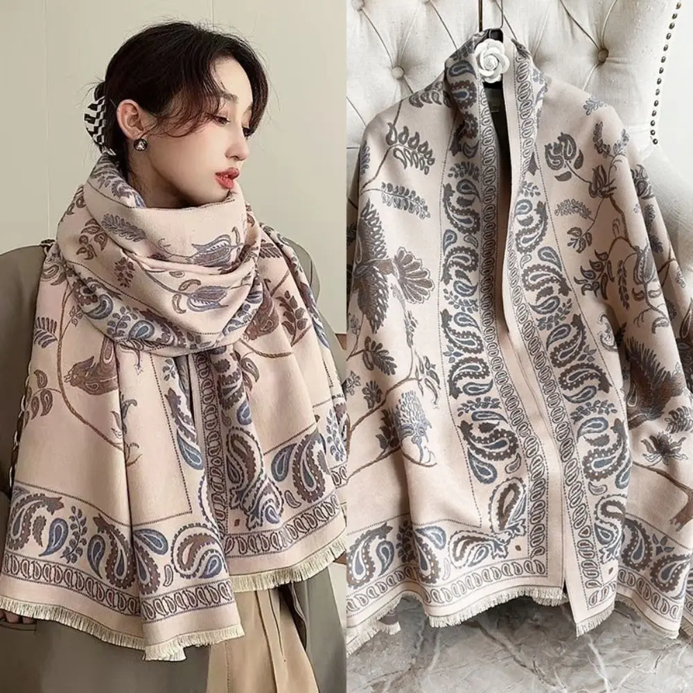 

Elegant Bird Printed Scarf Flower Imitation Cashmere Cashmere Tassel Scarves Korean Style Scarves Warm Large Shawl Women/Men
