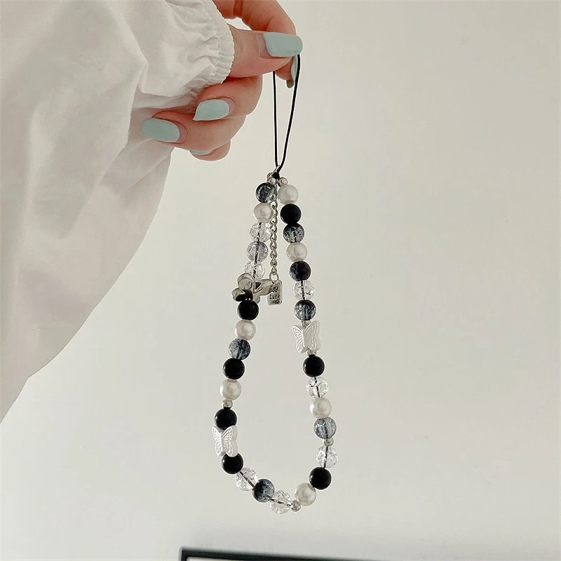 

Korean Cute Silvery Butterfly Black White Bead Beaded Phone Chain Charm Lanyard For iPhone CCD Hanging Rope Girl Jewelry Pendant