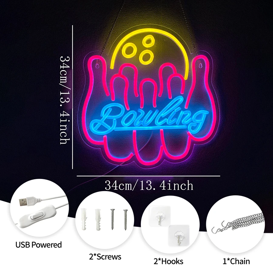 Neon Bowling Lights sign, Neon Signs Decorated On Walls, Led Signs, Bars And Clubs, Holiday Parties, Bowling Rooms,chritmas Gift