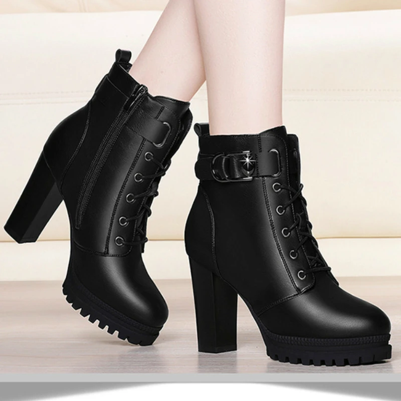 2023 Fashion Shoes for Women Winter Women's Boots Solid Color Round Toe Zipper Lace Up Buckle High Heels Water Proof Shoes Women