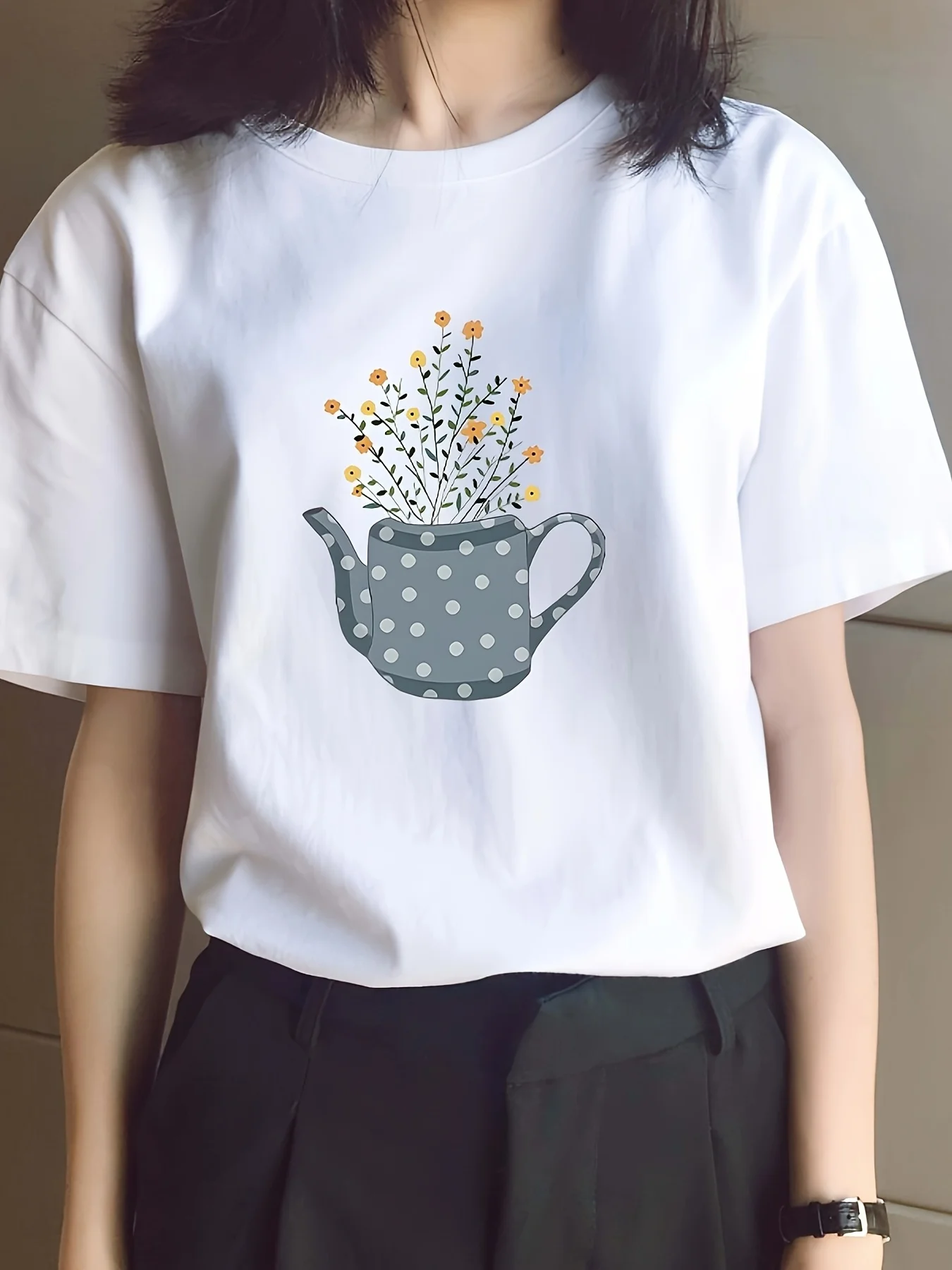 

Женская эластичная дышащая футболка с короткими рукавами, чайник с цветочным принтом и горошком, летняя уличная одежда в стиле Харадзюку с короткими рукавами