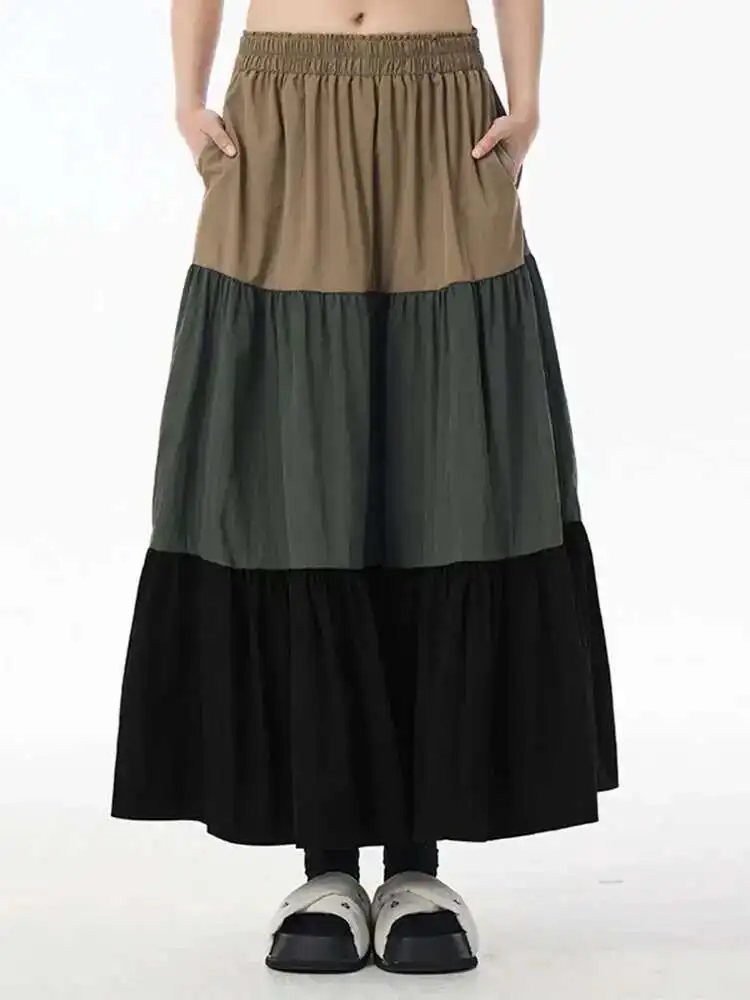 

High Elastic Waist Green Color-block Pocket A-line Cake Half-body Skirt Women Fashion Tide New Spring Autumn