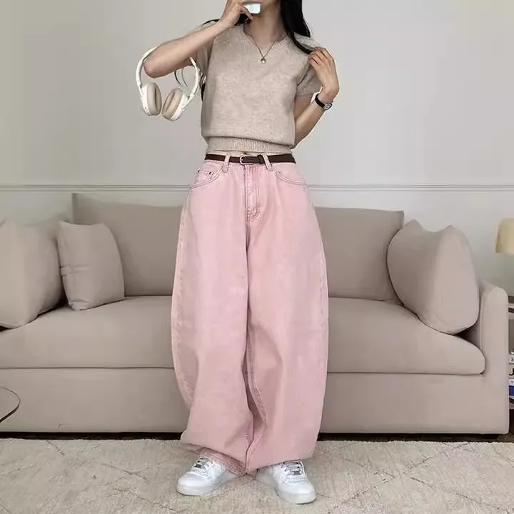 하이웨이스트 와이드 레그 데님 진 여성 루즈핏 슬림핏 패셔너블 젊은 감각 롱 포켓 하트 디자인 캐주얼 바지