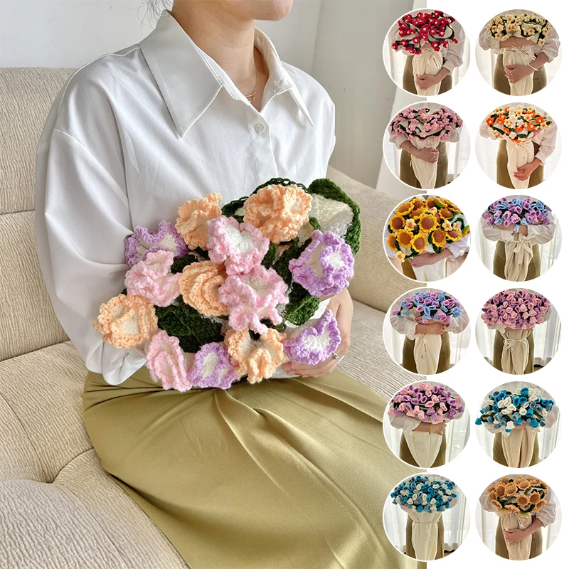 

80/110cm Crochet Rose Bouquet Blanket Handmade Knitted Flower Throw Sofa Bed Blanket Home Decor Gift for Birthday Valentine