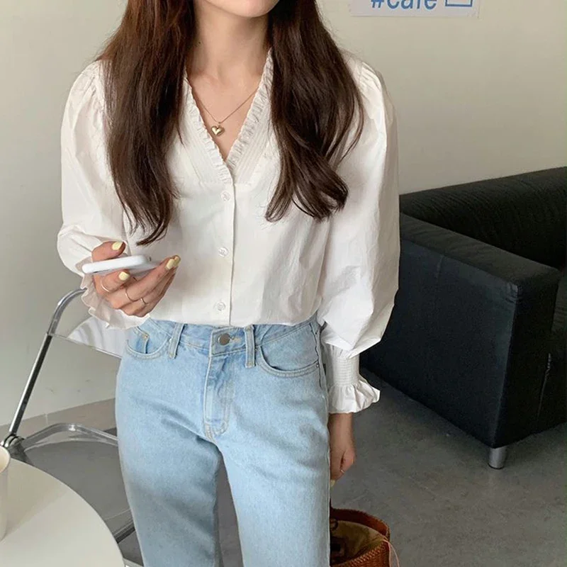 Elegant Blue Shirts Women V Neck White Puff Long Sleeve Blouses Streetwear Korean Fashion Casual All Match Tops Spring Autumn