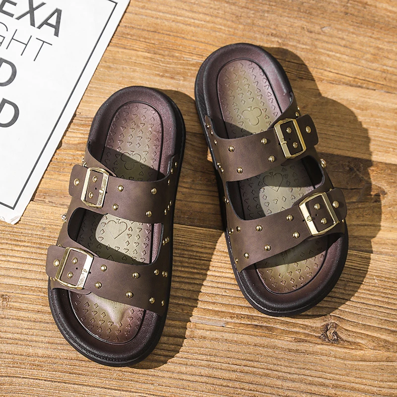 

Летние классические мужские кожаные шлепанцы 2026 года, высококачественные уличные модные шлепанцы с мягкой подошвой, нескользящие пляжные сандалии
