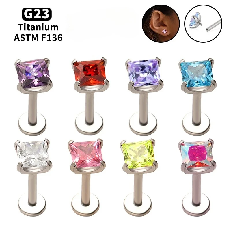 16G G23 Titan Innengewinde Knorpel-Piercings - Quadratischer Labret 5A CZ Nasenstecker Tragus Helix Körperschmuck